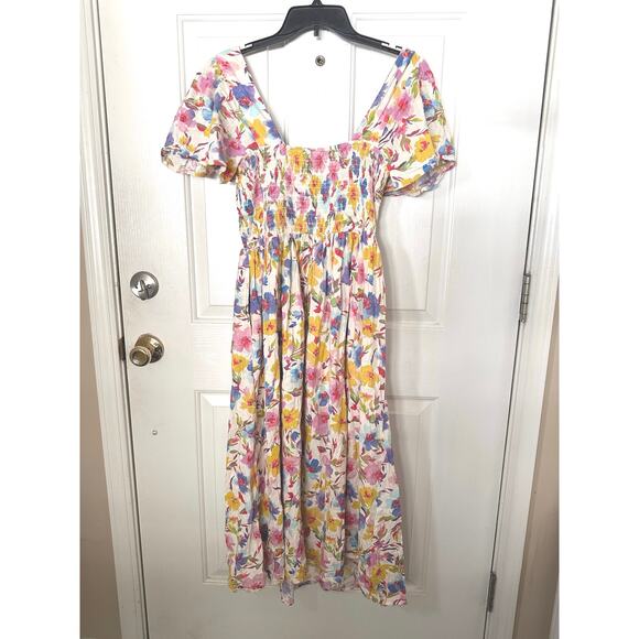 Gap Smocked Maxi Dress Women’s Large Square Neck Floral Multi Boho Summer Beach - Picture 7 of 7